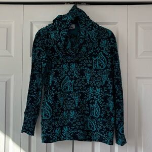 Cowl Neck Black and Teal Patterned Hoodie